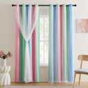 XiDi Pink & Rainbow Curtains for Kids & Girl Bedrooms - Blackout, Unicorn Wall Decals, 52x63 Inch (Pink Green Blue)