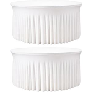 2 Pack White 60 inch Round Spandex Tablecloth, Washable Stretchy Fitted 5FT Round Tables,Elastic Edge with Skirt, Wrinkle-Free Table Cloths for Wedding Banquet Party Birthday Buffet