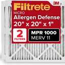 Filtrete 20x20x1 AC Furnace Air Filter, MERV 11, MPR 1000, Micro Allergen Defense, 3-Month Pleated 1-Inch Electrostatic Air Cleaning Filter, 2 Pack (Actual Size 19.719 x 19.719 x 0.84 in)