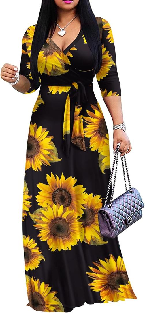 FANDEE Plus Size Maxi Dress for Women Casual Summer Sundress V-Neck 3/ 4 Sleeve(Sunflower, X-Large)
