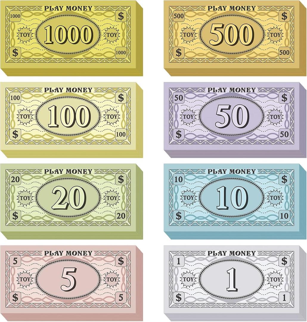 Sotiff 800 Pieces Replacement Play Money Set Prop Money Game Money Play Money for Kids Board Games 8 Denominations: $1000, $500, $100$, $50, $20, $10,$5, $1