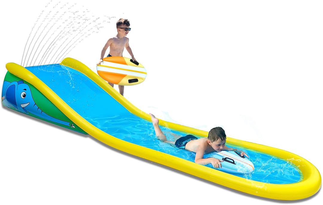 Inflatable Water Slide with Sprinkler for Kids,15FT waterslide with 2 Inflatable Surf Riders and Built-in Sprayer for Ages 6 and Up Backyard Summer Sprinkler and Splash Water Toy Outdoor Fun