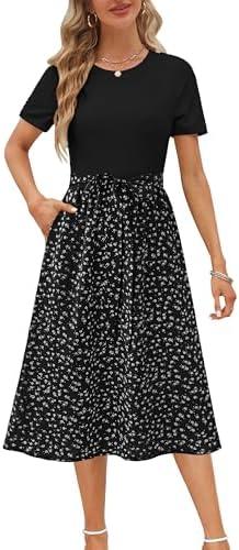Zattcas Women 2025 Summer Dress Short Sleeve Ribbed Teacher Church Modest Business Casual Work Outfits Midi Dress M