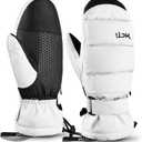 MCTi Ski Mittens Women's Snow Mitten Touch Screen Waterproof Insulated Quilted Mitts with Hidden Zipper (Medium, White)