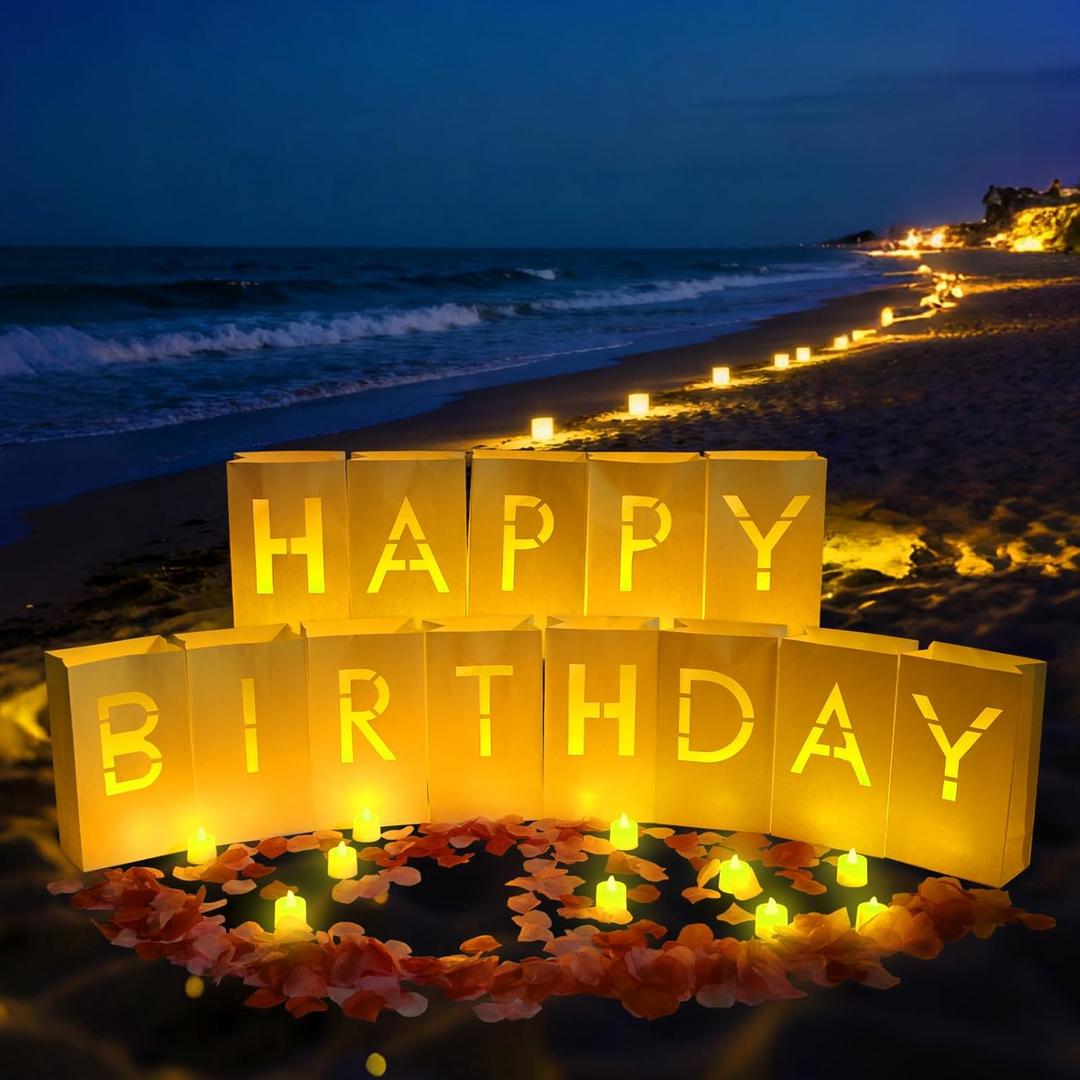 Happy Birthday Decorations for Women Men Girls Luminary Bags with Light Up Sign Letters 2000PC Rose Petals and Candles Set, Happy Birthday Banner for Door Room Party Decorations, Surprise Gifts Banner