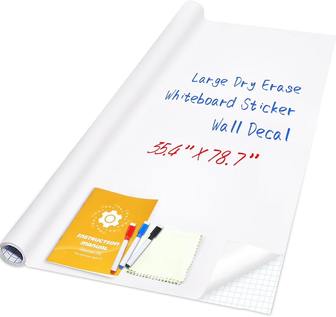 Dry Erase Whiteboard Sticker Wall Decal, Self-Adhesive White Board Peel Stick Paper for School,Office,Home,Kids Drawing with 3 Water Pen 78.7"x35.4"