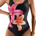 WDIRARA Women's Floral Print Sleeveless One Piece Swimsuit Scoop Neck Swimwear Black Small