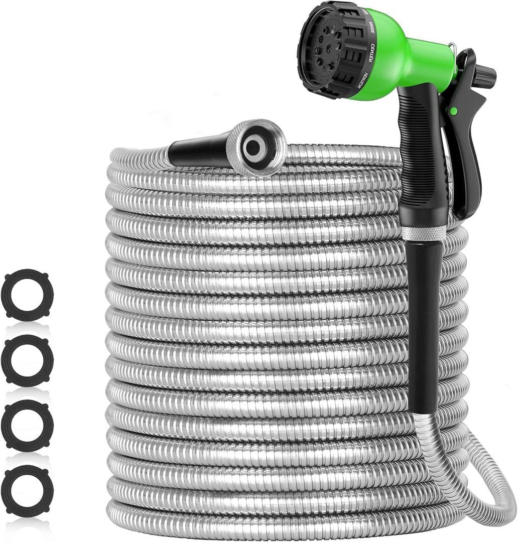 100ft 304 Stainless Steel Garden Hose Metal, Heavy Duty Water Pipe with Nozzles for Yard, Outdoor - Flexible, Never Kink & Tangle, Puncture Resistant (Sliver)