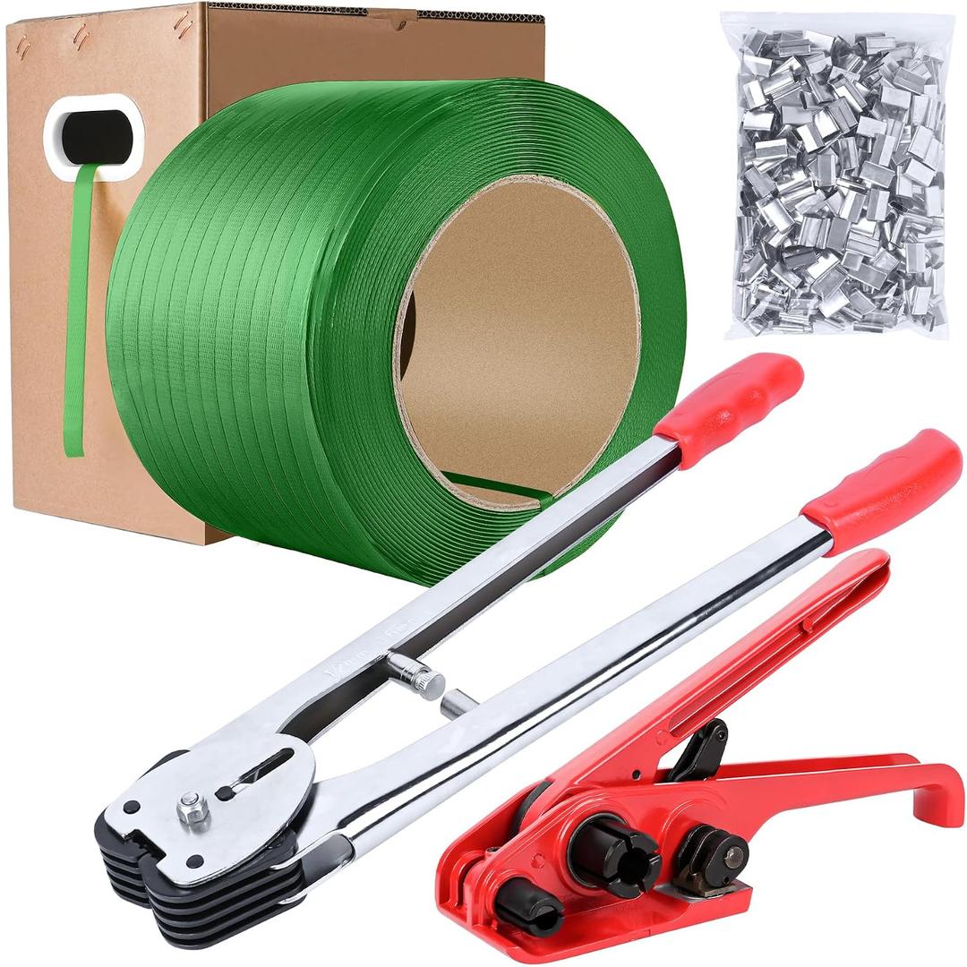 MYFAMIREA Heavy Duty Banding Strapping Kit with Tensioner Tool, 1/2"x 3500FT Green Polypropylene Plastic Packaging Strapping, 300 Metal Seals, Sealer Tool for Pallets, Logistics, Warehouse (Red)