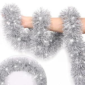 50 FT Christmas Tinsel Garland Christmas Decorations with Snowman Ornament, Silver Shiny Metallic Twist Christmas Garland for Xmas Tree Home Mantle Stairs Indoor Outdoor Holiday Party Decor