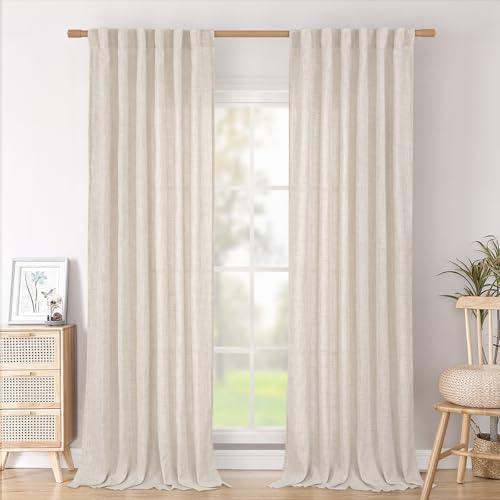 BGment 96 Inches Long Linen Semi Sheer Curtains for Living Room 2 Panel Set, Light Filtering Drapes Natural Textured with Rod Pocket Back Tab for Farmhouse Bedroom, Each Panel 52 Inch Wide