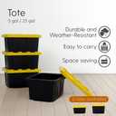 Plastic 5-Gallon Storage Tote with Lockable Lid, Stackable Tough Regular-Duty Bin for Garage, Tools, and Home Organization (4-Pack) - Black and Yellow