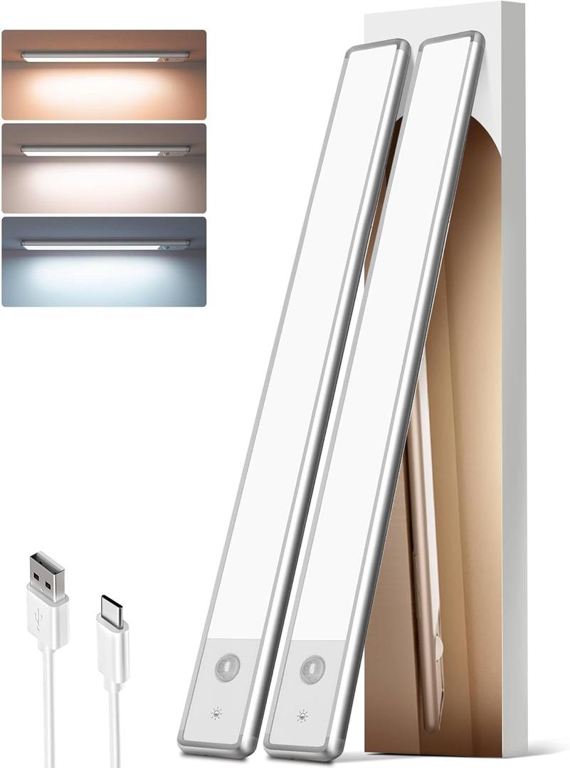 EZVALO 16.5in Under Cabinet Lighting, 4000mAh Rechargeable Motion Sensor Lights, 145 LED Motion Activated Closet Light Wireless, 3 Color Temps, Dimmable Under Counter Lights for Kitchen(Sliver,2 Pack) (Silver)