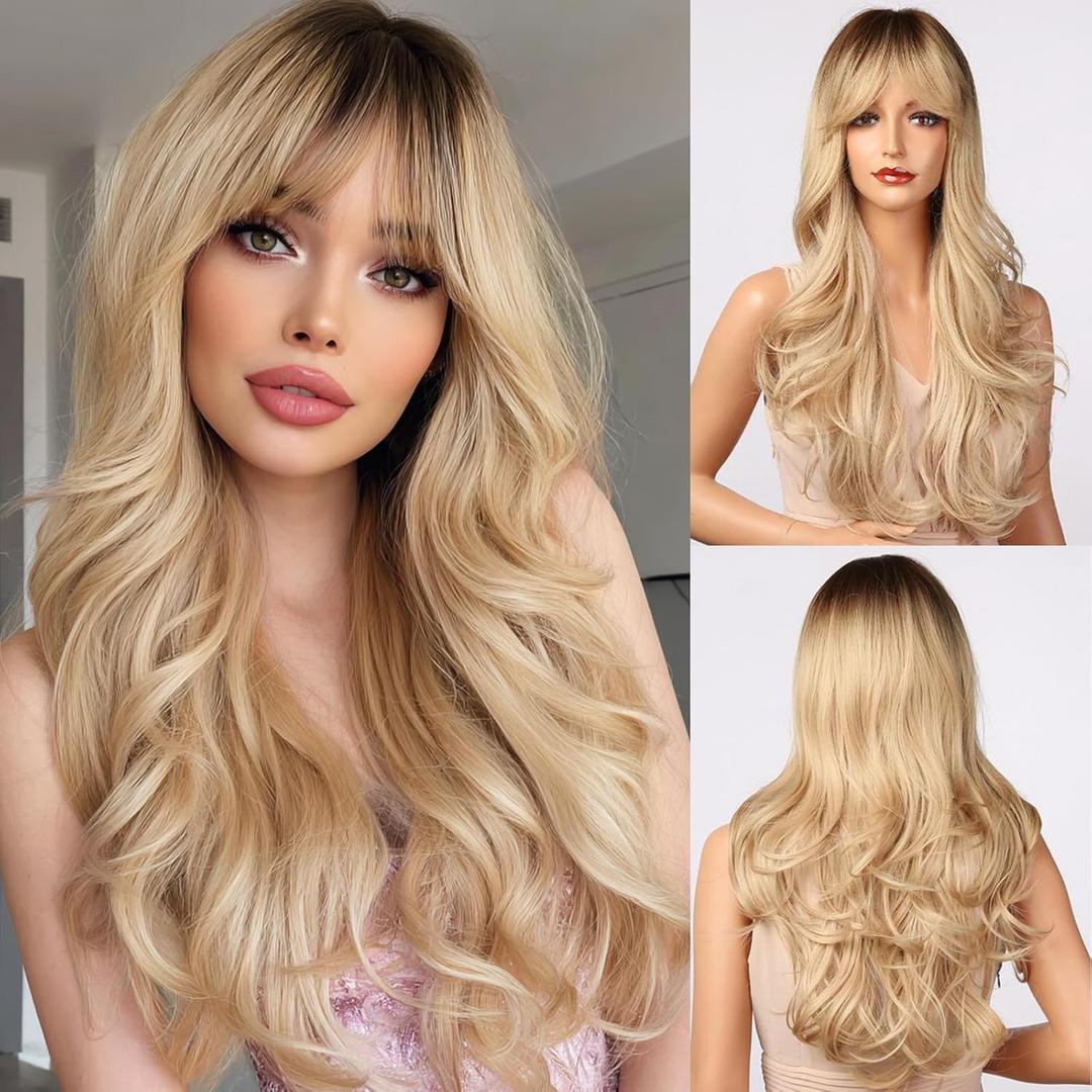 Long Blonde Wig for Women Layered Wavy Wig with Bangs 24 Inch Ombre Blonde Wigs Curtain Bang Synthetic Wigs for White Women Blonde Wig with Dark Roots Curly Hair Replacement Wigs for Daily Party Use