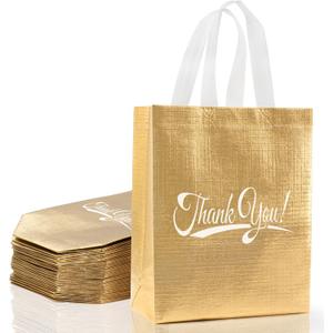 30 Pcs Thank You Gift Bags with Handles Bulk Reusable Thank You Return Gift Bags Nonwoven Foldable Bag for Business, Shopping, Wedding, Baby Shower, Graduations, Party Favors (Gold)