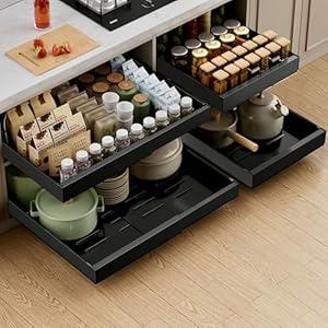 4 Pack Expandable Pull Out Cabinet Organizer, 21'' Deep Pull Out Drawers for Cabinet, Upgrade 3 Slide Rails Sliding Drawers for Cabinet with Adhesive Nano Film (White)