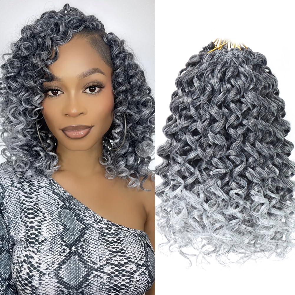 Grey Curly Crochet Hair 14 Inch GoGo Curl Crochet Hair for Women Short Beach Curl Water Wave Crochet Braids for Women 7 Packs Curly Braiding Hair for Boho Braids (14 Inch, 1B/Grey)