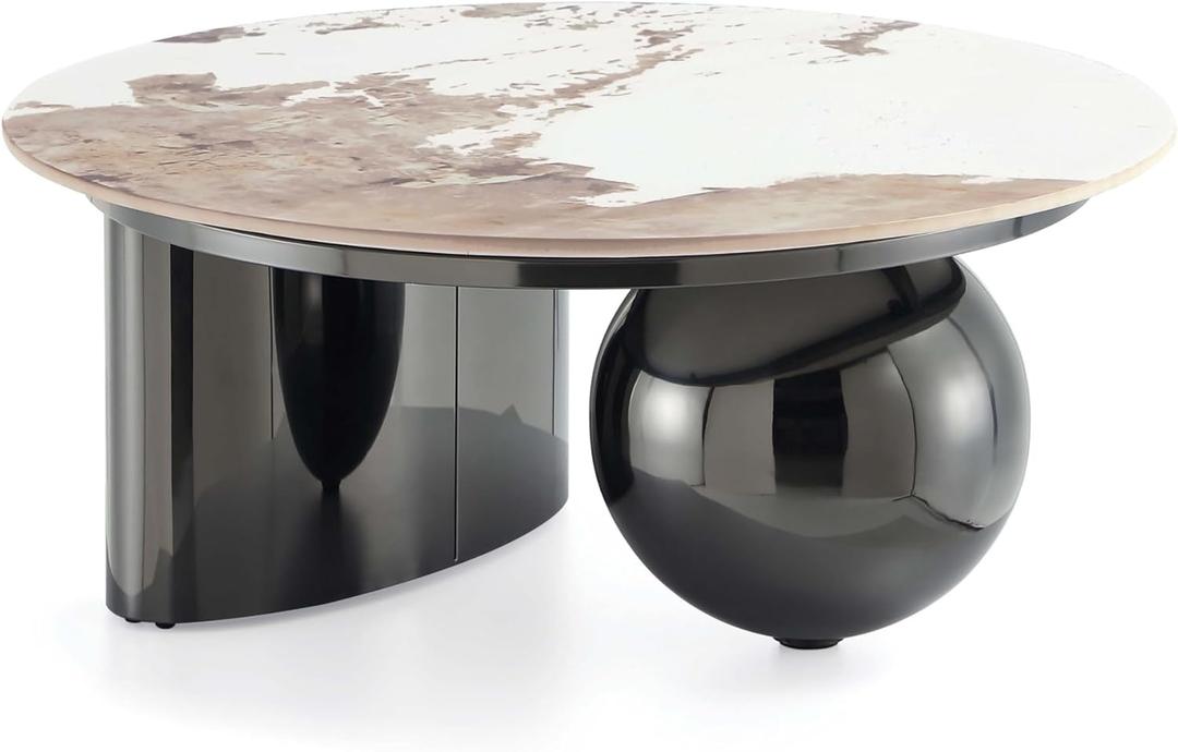 Manhattan Comfort Laurel Round Coffee Table with Sleek Sintered Stone Top and Stainless Steel Base, Elegant Design for Modern Living Room, Centerpiece, Black