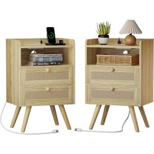 SUPERJARE Night Stand with Charger Station, Boho Rattan Nightstand Set of 2, Size: 11.8"D x 15.8"W x 25.2"H (2 Drawers)