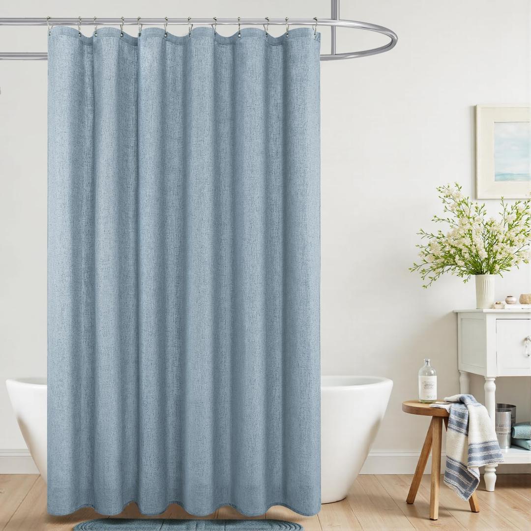 KOUFALL Light Blue Shower Curtain Liner Linen Fabric Waterproof Washable Pretty Boho Vintage Shower Curtains for Bathroom Decor with Hooks,72 x 72 Inch,Stone Dusty Grey Blue