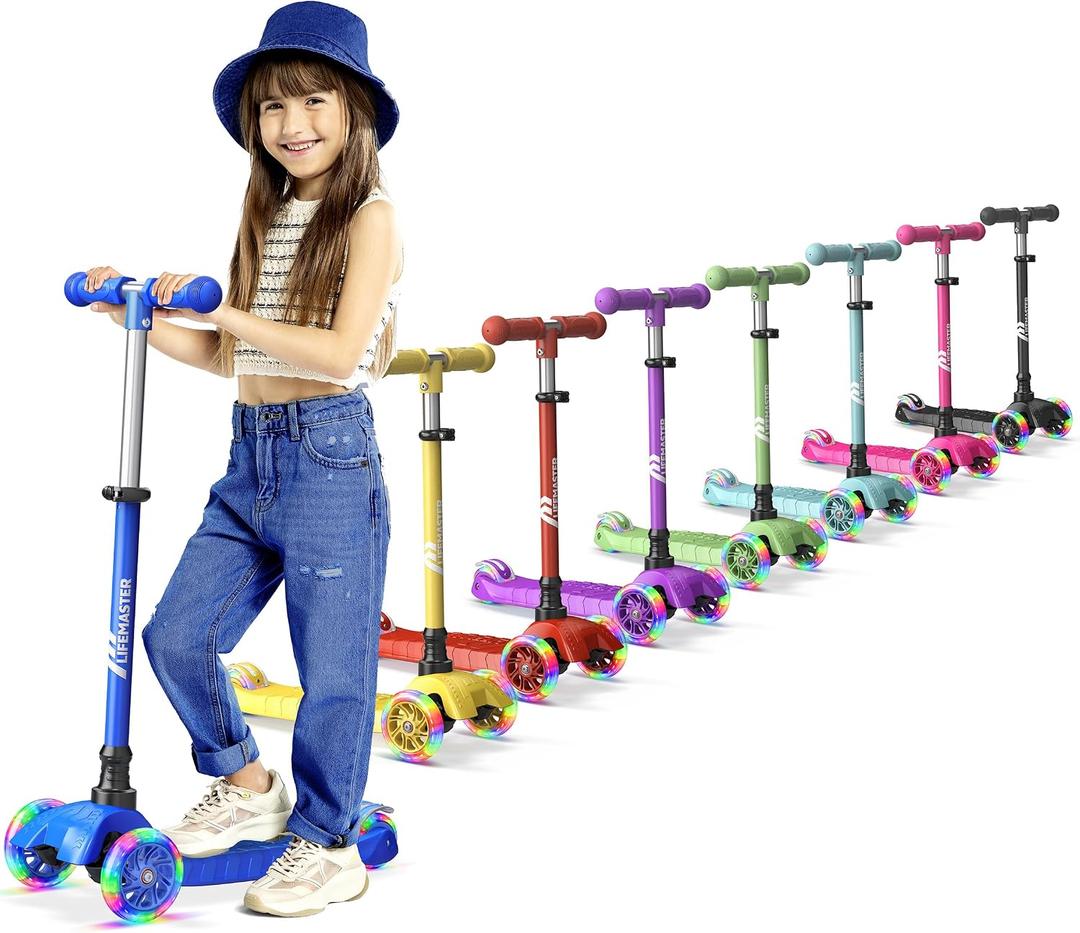 Lifemaster Mini 3-Wheel Kids Scooter with Multi-Color Wheel Lights – 4-Height Adjustable Handlebar, Wide Anti-Slip Deck, Child Safety Certified, Boys & Girls Ages 2+ Supports Up to 110 lbs