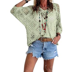 Allimy Womens Summer Crochet Long Sleeve Sexy Tops Sweaters for Women 2025 Beach Cover ups Cruise Outfits (Medium, Light Green)