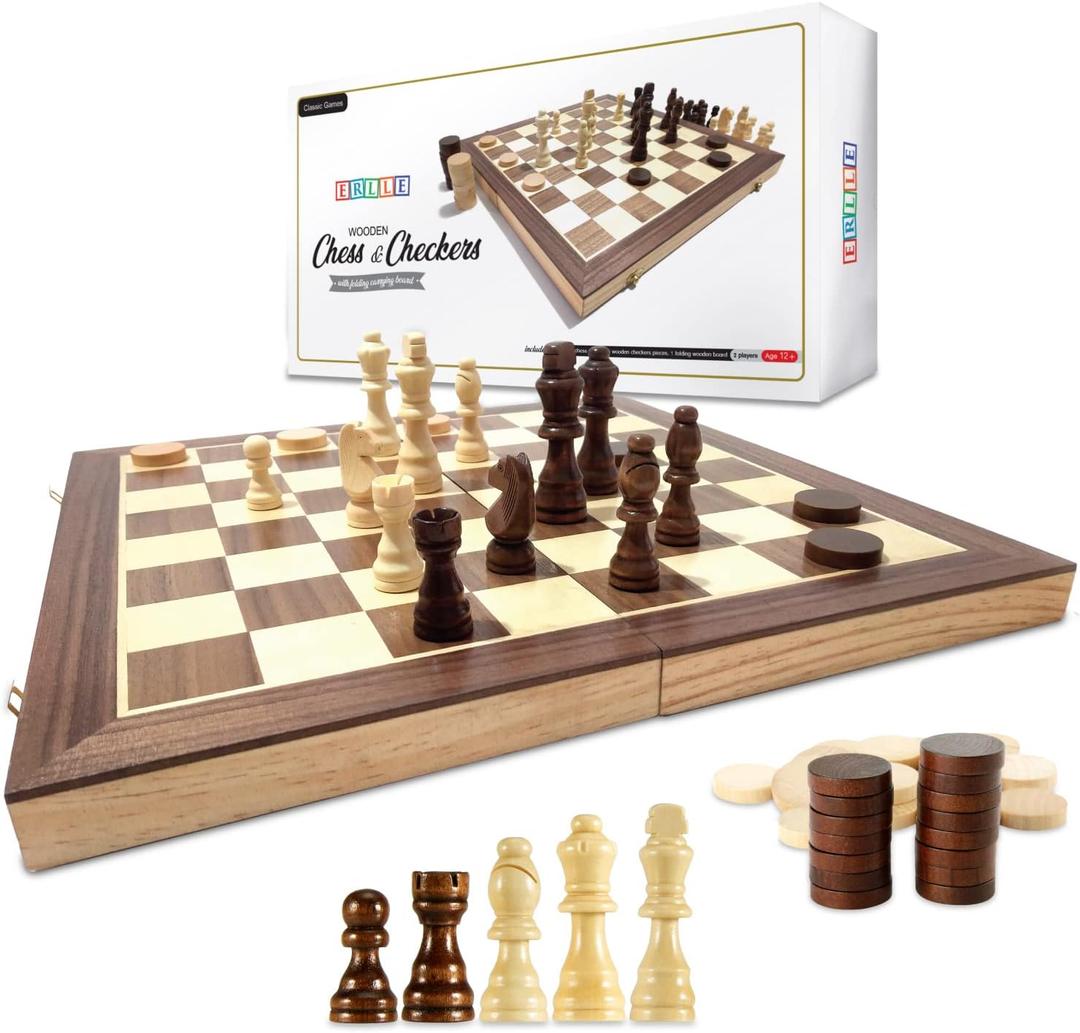 Wooden Checkers & Chess Set  15 Inch Large Folding Board Game, 2-in-1 Classic Checkers and Chess for Kids & Adults, Travel-Friendly, Premium Wood Pieces, Family & Strategy Game Gift