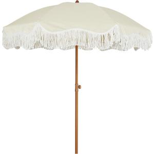 AMMSUN 6.5ft Boho Outdoor Umbrella with Fringe, UPF 50+ Picnic Umbrella with Tassels, Premium Steel Pole and Push Button Tilt, Light Beige