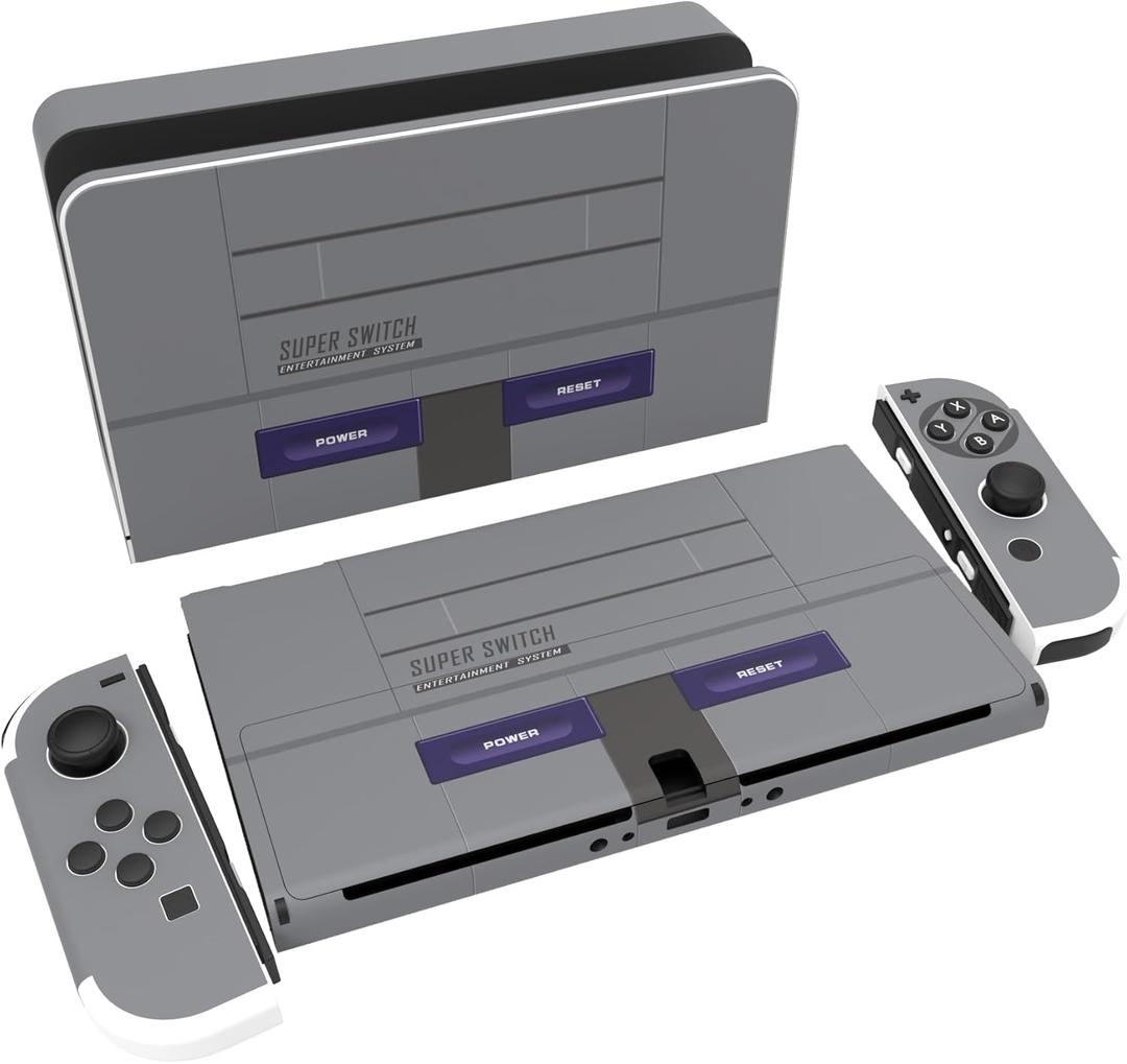 PlayVital Full Set Protective Stickers for Nintendo Switch OLED Model, Customized Vinyl Decal Skins for Switch OLED Console & Joycon & Dock & Grip - Classics SNES Style
