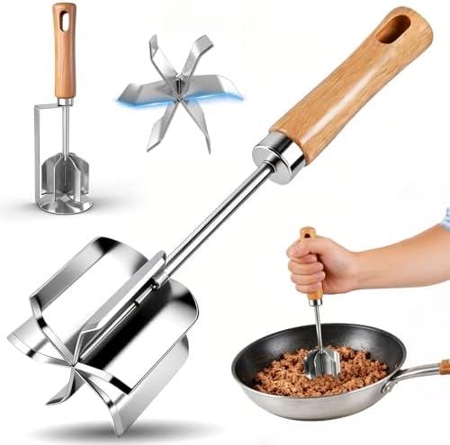 304 Stainless Steel Meat Chopper & Masher - Heavy Duty 6 Curve Blades Ground Beef Chopper Tool Potato Masher Hamburger Smasher Tool for Kitchen Cooking Vegetable Puree (Silver, M)