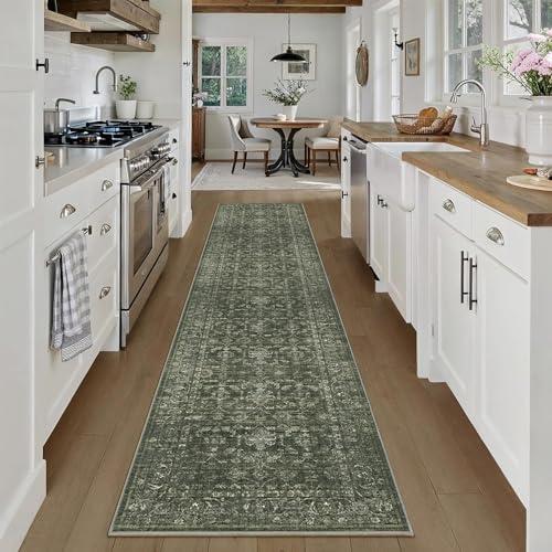DUIDY 2x10 Hallway Washable Runner Rug Vintage Green Boho Extra Long Runners for Kitchen, Bathroom, Distressed Floral Floor Mat Non-Slip Farmhouse Carpet