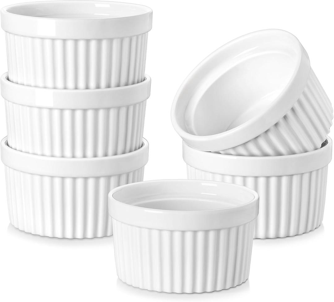 MALACASA Ramekins 8 oz Oven Safe, Porcelain Creme Brulee Ramekins Pudding Custard Cups Ceramic Souffle Dishes Ramakan Ramiken Ramicans Baking Bowls Set of 6, White, Series RAMEKINDISH