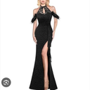 VFSHOW Womens Formal Prom Beaded Halter Neck Keyhole Maxi Dress Feather Cold Shoulder Ruffle High Slit Evening Gown S