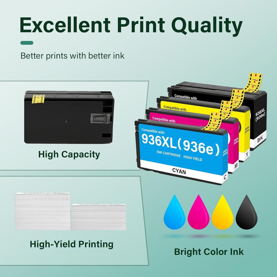 936XL Ink Cartridges Replacement for HP 936e 936XL Ink Cartridges Combo Pack Compatible with HP OfficeJet Pro 9110b 9120b 9130b OfficeJet Pro Wide Format 9720 9730 Printer (‎Black Cyan Magenta Yellow)