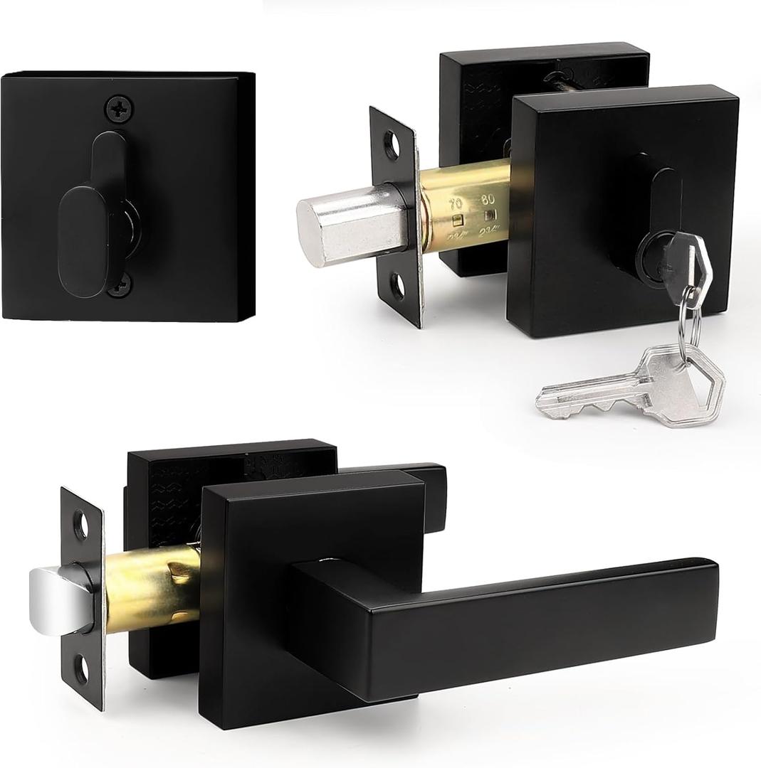 Probrico Flat Black Passage Door Lever with Single Cylinder Deadbolts Combo Pack, Modern Square Lock Set Handleset, Exterior Handle and Set