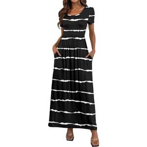 HAOMEILI Women's Short Sleeve Loose Maxi Dresses Casual Long Dresses with Pockets S - Striped Black