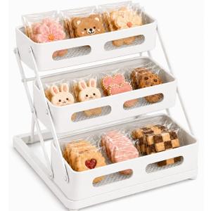 3-Tier Foldable Cookie Display Stand for Vendors, No Assembly Required Portable Bakery Rack for Bakers, Farmers Market Booths & Craft Fairs, Tiered Retail Dessert Display for Cupcakes, Pastries, Muffins & Treats