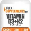 BulkSupplements.com Vitamin D3 + K2 10000 IU Softgels - K2 D3 Vitamin Supplement, for Immune Health - Gluten Free, 1 Softgel per Serving, 360 Count (Pack of 1), EXP: 02/28/2029
