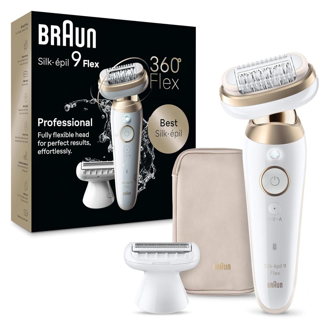 Braun Silk-pil 9 Flex Epilator, 360 Flex and Pivoting Head, Wet and Dry, Includes Shaver Head, Trimmer Comb, SES9-041 3D, Tinted Gold