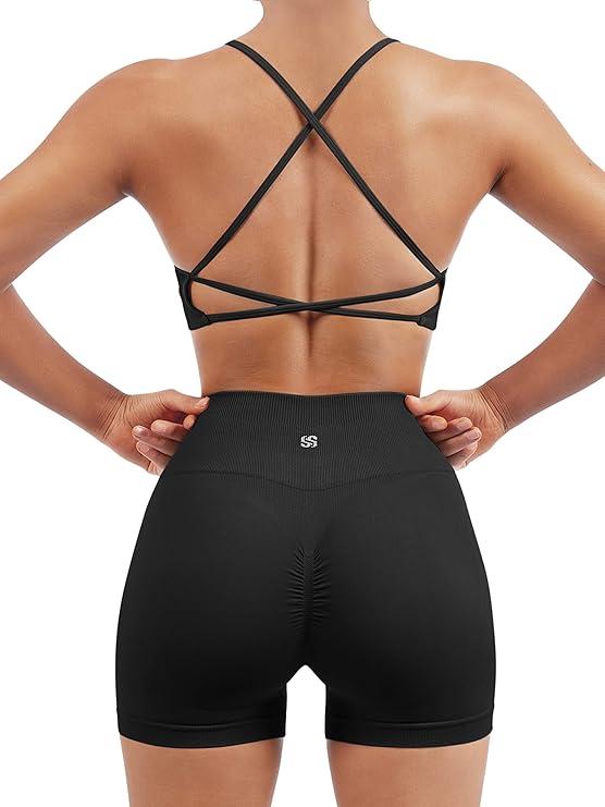 SUUKSESS Women Seamless 2 piece Workout Sets Strappy Padded Sports Bra Booty High Waisted Shorts Outfits (Size: 4-6)