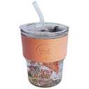 Giant Goods 13 Oz Salmon Pink Glass Tumbler with Straw and Lid, Leather Sleeve Tumblers, Iced Coffee Cup, Double Walled, Iced Water Tea Fruit Juice, Matcha Tumbler to Go (1 Count)