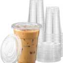 TashiBox Plastic Cups with Flat Lids 100 Sets 16 oz, Clear Crystal drink cups with lids
