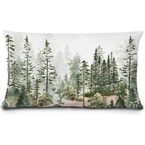 Rustic Forest Tree Pillow Covers 12x20, Green Forest Decor, Farmhouse Misty Mountain Landscape Botanical Lumbar Throw Pillow Covers for Home Bedroom Living Room