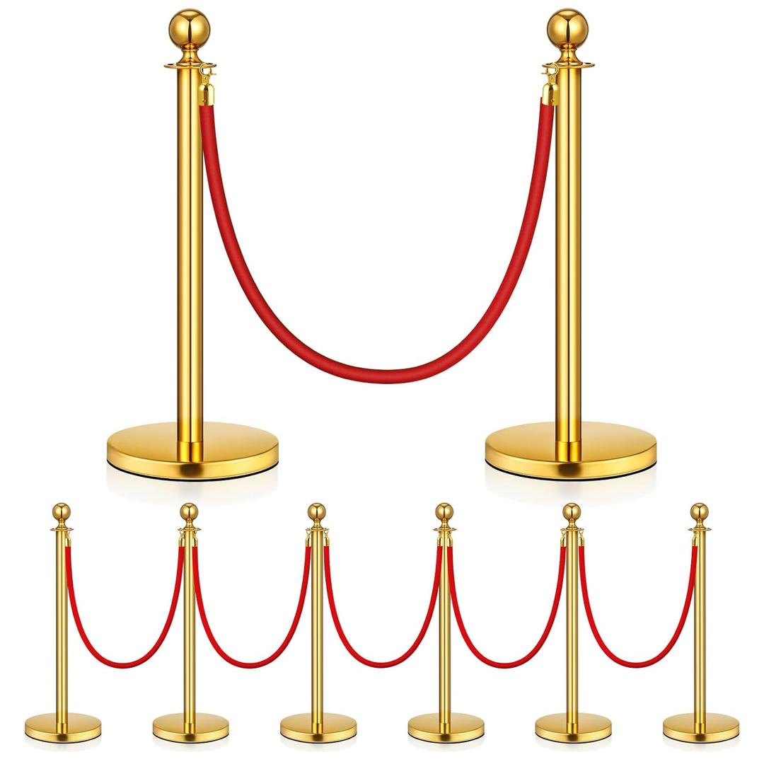8 Pack Upgraded Stainless Steel Stanchions and Velvet Ropes 5FT Extended Red Carpet Ropes Poles Crowd Control Safety Barriers Set with Stable Base for Theaters Parties Wedding Exhibition (Gold)
