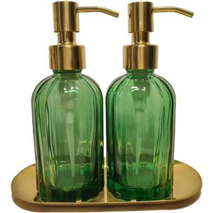2PCS Soap Dispenser Set with Stainless Steel Tray, Thickened High-Gloss Green Glass Bottle and Gold Stainless Steel Pump for Bathroom Kitchenblue soap Dispenser and Gift.
