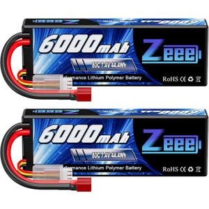 Zeee 2S Lipo Battery 6000mAh 80C 7.4V Hard Case RC Battery with T Connector for 1/8 Scale RC Car RC Airplane RC Helicopter RC Boat (2 Pack)