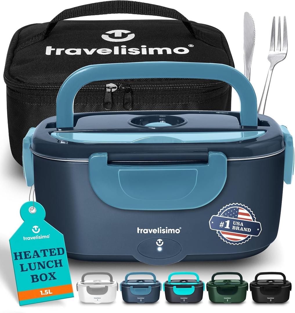 TRAVELISIMO Electric Lunch Box for Adults 100W Heated Lunch Box For Men 1.5L Stainless Steel Portable Food Warmer, 12/24/110V for Travel & Work, Loncheras Electricas Para Calentar almuerzo (Dark Blue)