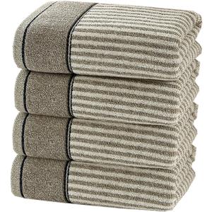 Pidada Hand Towels Set of 4 100% Cotton Striped Pattern Absorbent Soft Decorative Towel for Bathroom (Gray Brown)