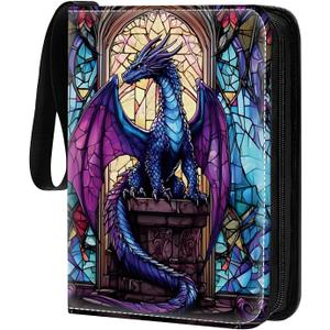 Card Binder 400 Pockets, 50 Sleeves Large Binder Trading Cards Holder 4 Pocket, Storage Organizer, Album Folder Case Protector Collector Gift Stained Glass Blue Purple Diamond Dragon