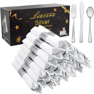 Liacere 100 Pack Silver Plastic Silverware-Pre Wrapped cutlery and Napkin-Pre Rolled Silverware Disposable 100 Forks, 100 Knives 100 Spoons, 100 Napkins Plastic UtensilsWedding